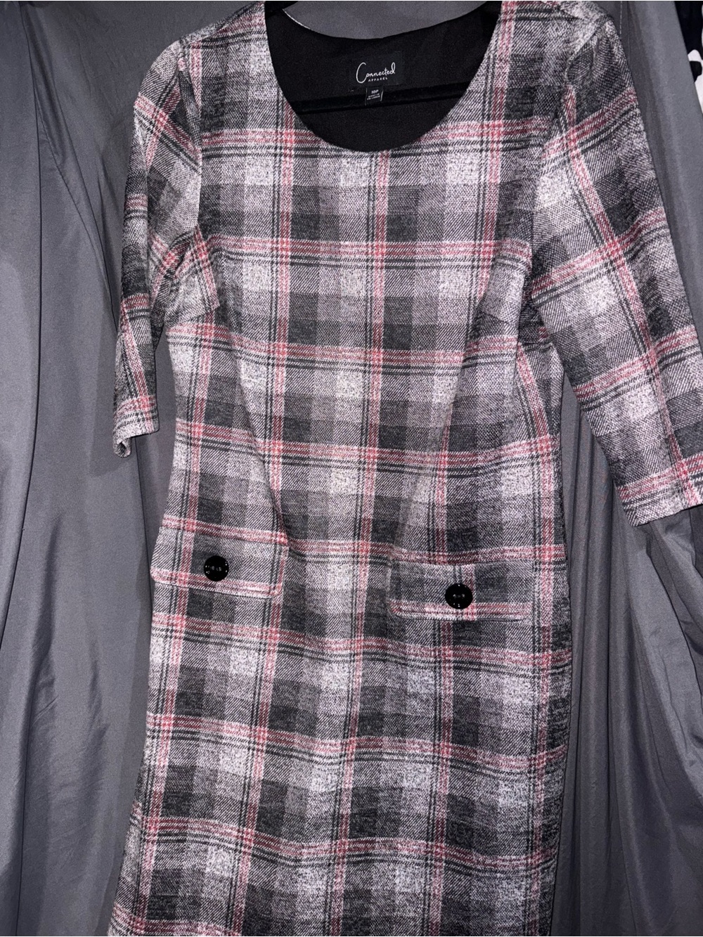 connected apparel Pink and Gray Plaid Long-Sleeve Shift Dress - Picture 1 of 5
